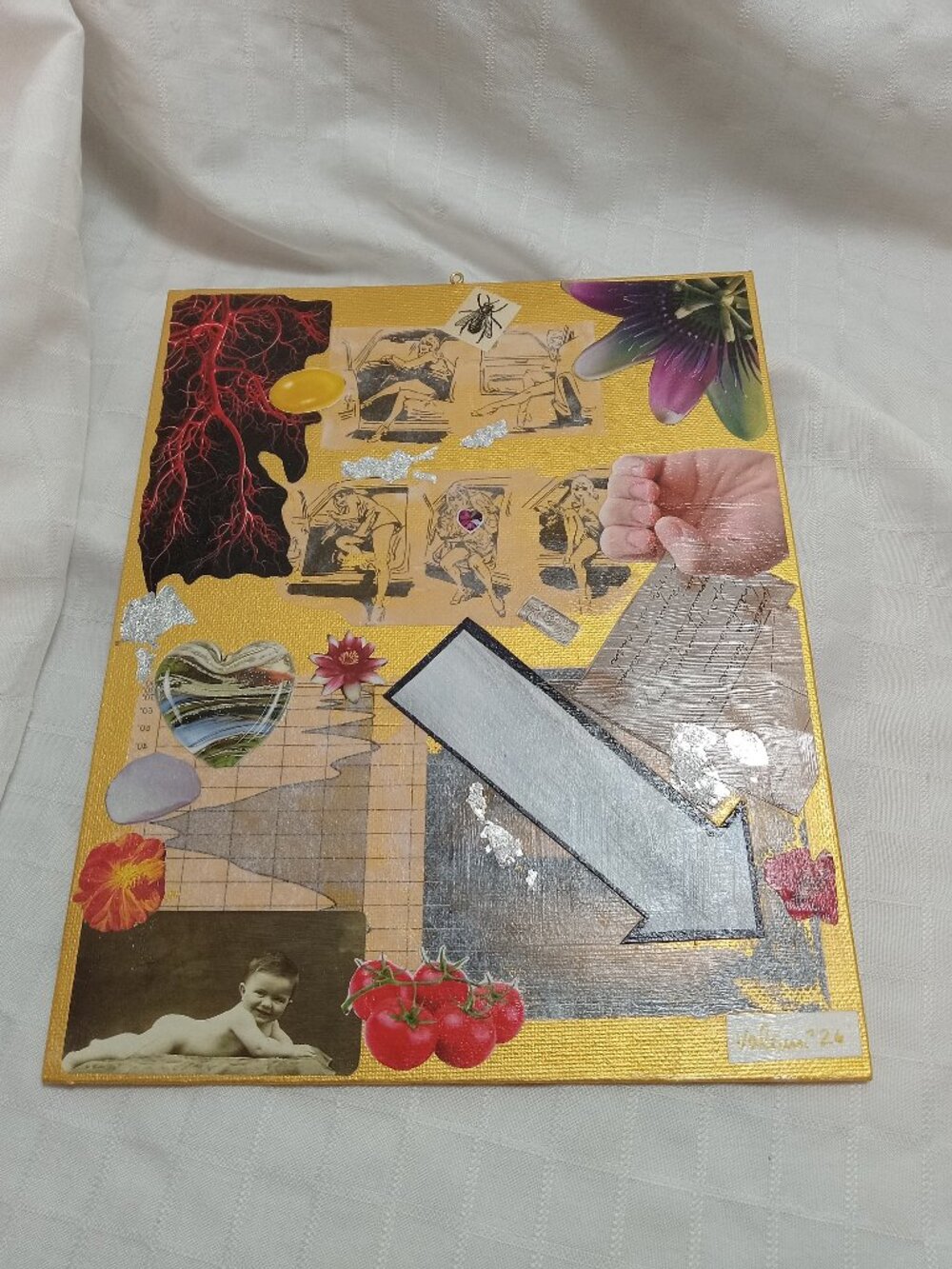 Prints of old magazines on canvas, gold paint, and mixed-media collages